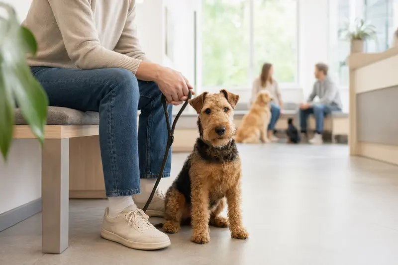Ein Welsh Terrier sitzt ruhig neben seinem Besitzer im hellen Wartezimmer einer modernen Tierarztpraxis.